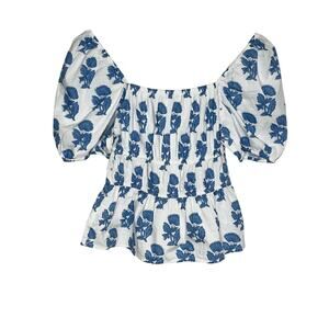 NFC Blue Floral Peplum Top Small Cottagecore Puff Sleeve Square Neck Cotton